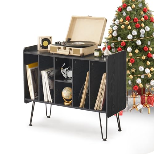 Asnefeli Record Player Stand with Storage & Display Area, Wooden Turntable Stand Holds Up to 300 Albums for Music Room & Living Room (Black)