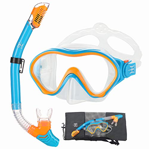 HH HHAO Sport Child Dry Snorkeling Set, Antivaho y Panorámico, con Máscara de Vidrio Templado para Snorkeling Profesional, con Boquilla Blanda