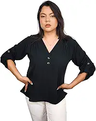 Blusa camisa feminina Laura com manga 3/4 gola v elegante casual negócios básica verão 2025