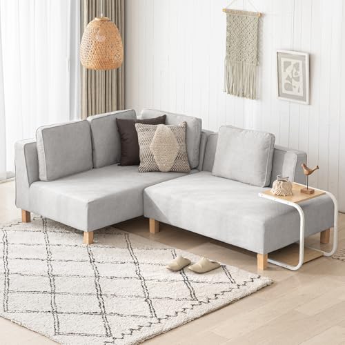 モダンデコ ソファセット 組み合わせ L字 カウチソファー レギュラーサイズ クッション付き (Aセット右カウチ, ヘザーグレー)