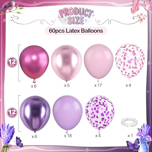 Image of Pink and Purple Balloons, 60 Pcs 12 Inch Pastel Metallic Purple Pink Confetti Balloons with Magenta Balloon for Girls Women Birthday Baby Shower Bridal Shower Wedding Princess Party Decorations