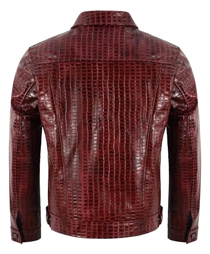 Men's Trucker Classic Western Red Waxed Croc Print Cow Leather Denim Look Jacket 12804