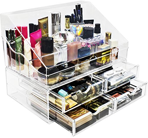 Sorbus® Acrylic Cosmetics Makeup Organizer Storage Case Display with Slanted Open Lid-Cosmetic Storage for Makeup, Brushes, Perfumes, Skincare (Style 2 - Slanted Lid Sectional Top with 4 Drawers)