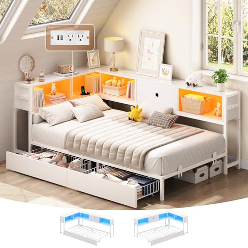 Image of Hasuit Corner Twin XL Bed Frame with Storage Drawers and Bookcase Headboard, Twin xl Size Metal Platform Corner Bed Frame with Charging Station & LED Lights, Twin XL Daybed for Kids Teens Guests,White