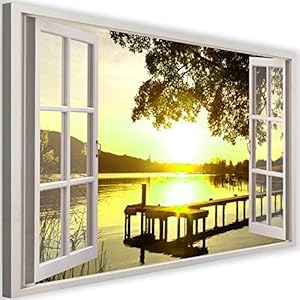 Feeby Canvas Schilderij 1-delig 120×80 Schilderij op Canvasdoek XXL Fotoprint Afbeelding Wanddecoratie Kunstprint Raam 3D Illusie Zonsondergang Meer Water Steiger Geel Wit
