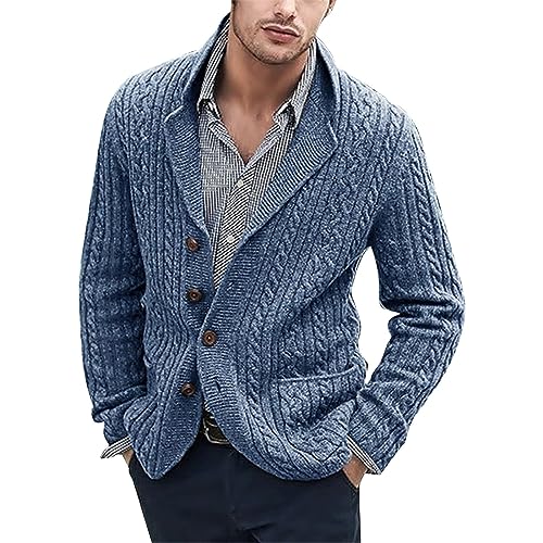 Men's Shawl Collar Cardigan Sweater Slim Fit Button Cable Knitted Chunky Long Sleeve Winter Sweater with Pockets