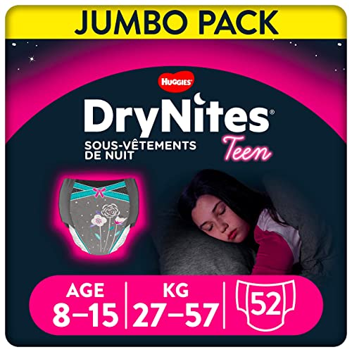 Huggies DryNites, Sous-vêtements de nuit absorbants jetables, Pour filles, Taille : 8-15 ans, 52 culottes