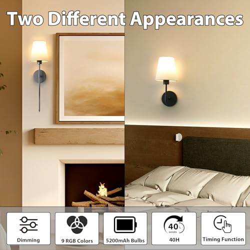Image of LOUSACE Battery Operated Wall Sconces Set of 2, Black Rechargeable Wall Sconces with Remote Control, 9 Colors Modes, Dimmable Wireless Wall Sconces Decor Set of Two for Bedroom Living Room Hallway