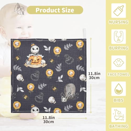 Image of vvfelixl Baby Muslin Washcloths Halloween Skulls Horror Monsters Baby Burp Cloths Cotton Baby Face Towel for Newborn Infants Boys Girls Soft and Absorbent 11.8 X 11.8 in, 3 Pack Black