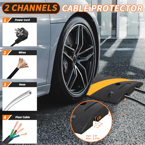Image of 84'' Rubber Speed Bump, 1 Pack 2 Channel Modular Heavy Duty Speed Bumps Humps 25000 lbs Load Capacity, Cable Protector Ramp with 2 End Caps for Asphalt Concrete Gravel Driveway Road