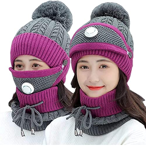 BIFADA 3 in 1 Winter Hut Schal, Womens Mütze Stricken Hut, Winter Schal Maske Set, Mädchen warm Hut Earmuffs Cap mit Pom für Indoor und Outdoor Sport Cover
