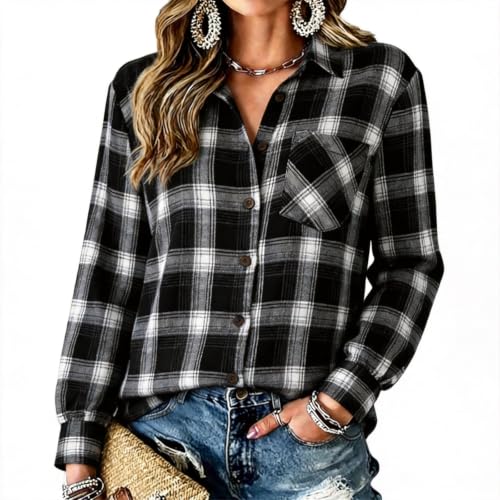 Black Plaid Shirts for Women Button Down Fashion Jacket with Chest Pocket - image 1