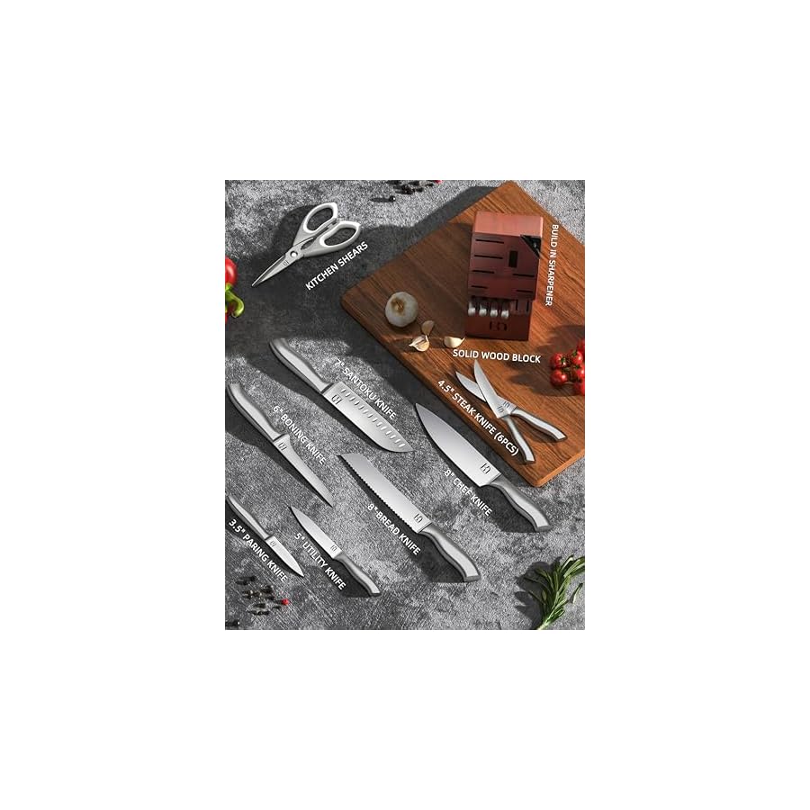 KnifeSaga Kitchen Knife Block Set, Enduring Sharpness Premium Knife Set with Block, 14 Pcs Japanese High Carbon Stainless Steel Knives Set for Kitchen, Chef Knife Set with Block and Built in Sharpener