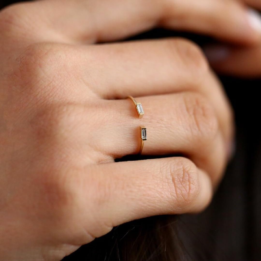 0.20 Ct Baguette Diamond Half Bezel Open Anniversary Band Ring For Women 14k Yellow Gold Plated Highly Polished Toi at Moi Ring 925 Sterling Silver Handmade Thin Stacking Ring Gift For Her