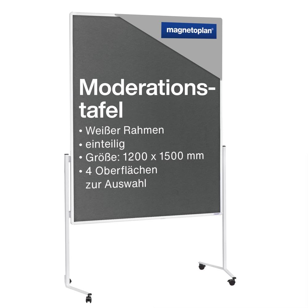 magnetoplan Moderationstafel einteilig, Filz Grau l Doppelseitig BxH 1200x1500mm l Aluminiumrahmen Weiß l Mobile Präsentationstafel l Mit 4 Lenkrollen & stabilem Stahlgestell l Für Büro & Schulung