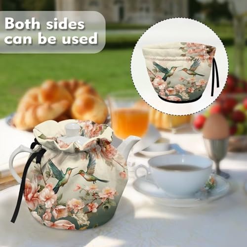 Image of Floral Hummingbird Tea Cosy for Small Teapot Farmhouse Insulated Tea Cozies Machine Washable Tea Kettle Dustproof Cover Cloth Soft Fabric Teapot Cosy Tabletop Kitchen Decorations