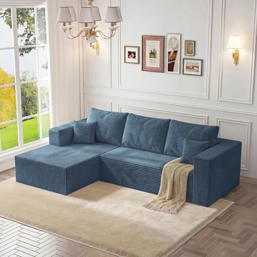 Image of 108 inch Modular Sectional Sofa, L-Shaped Cloud Couch with Deep Seats & Chaise, Convertible Corduroy Boneless Couches for Living Room, Bedroom, No Need Assembly - Blue(Left Facing Chaise)