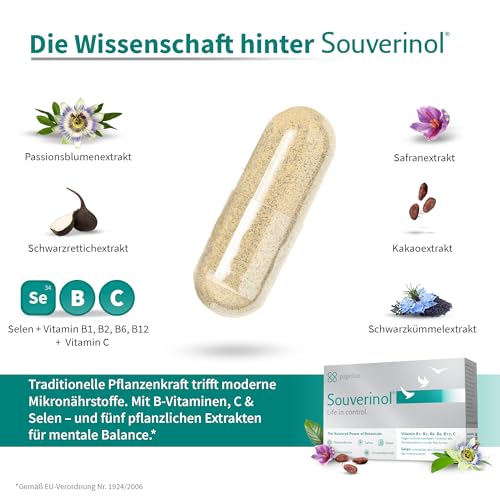 Souverinol® - Gegen innere Unruhe, Stress & Prüfungsangst - Pflanzliches Nahrungsergänzungsmittel mit Vitamin B & C (60 Kapseln) – Passionsblume, Safran Extrakt & Schwarzkümmel für mentale Balance