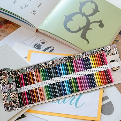 Image of Surblue Canvas Pencil Case Pencil Roll Wrap with 72 Slots Coloring Pencil Holder Organizer Paint Brush Storage Pouch Portable for Artist, Writer (Blue Cat