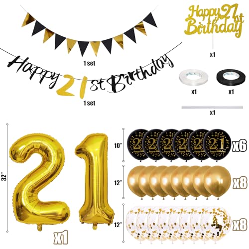 Image of Jobkoo 21st Birthday Decorations Him Her, Black Gold 21 Birthday Party Decor Golden Black 21st Balloons 21 Cake Topper Gold Happy 21st Banner for 21 Year Old Party Supplies