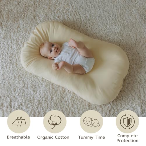Aila + Aiden Baby Lounger | Organic Cotton Infant Lounger | Adjustable & Portable Floor Lounger |Supervised Use | Soft, Breathable, Washable Cover - Snuggle Collection - (Cream)