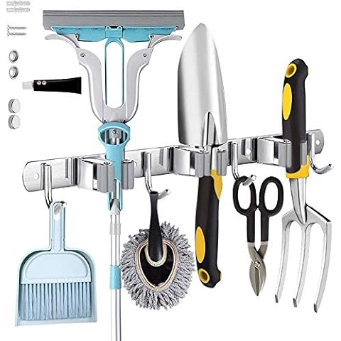 HXcomet Broom & Mop Holder, Stainless Steel Wall Mounted Broom Holder with 3 Positions 4 Hooks, Utility Room Storage Solution for Kitchen, Garage, Garden, Bathroom Organize and Storage Cover