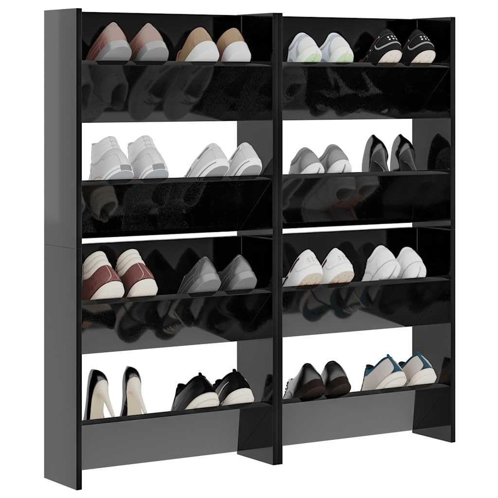 Armoires à Chaussures Murales Lot de 4, Meuble de Rangement Suspendu Noir Brillant avec 2 Compartiments Basculants, Bois d'Ingénierie, 60 x 18 x 60 cm pour Entrée et Couloir
