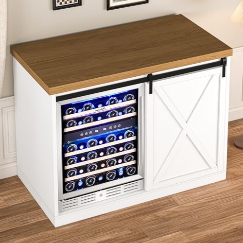 Image of 49.2 inch Coffee Bar Cabinet with Mini Fridge Space, Farmhouse Wine Bar Cabinet with Barn Doors, Fridge Cabinet with Power Outlet, Wine Rack, Glass Holder for Kitchen Dining Room Living Room (White)