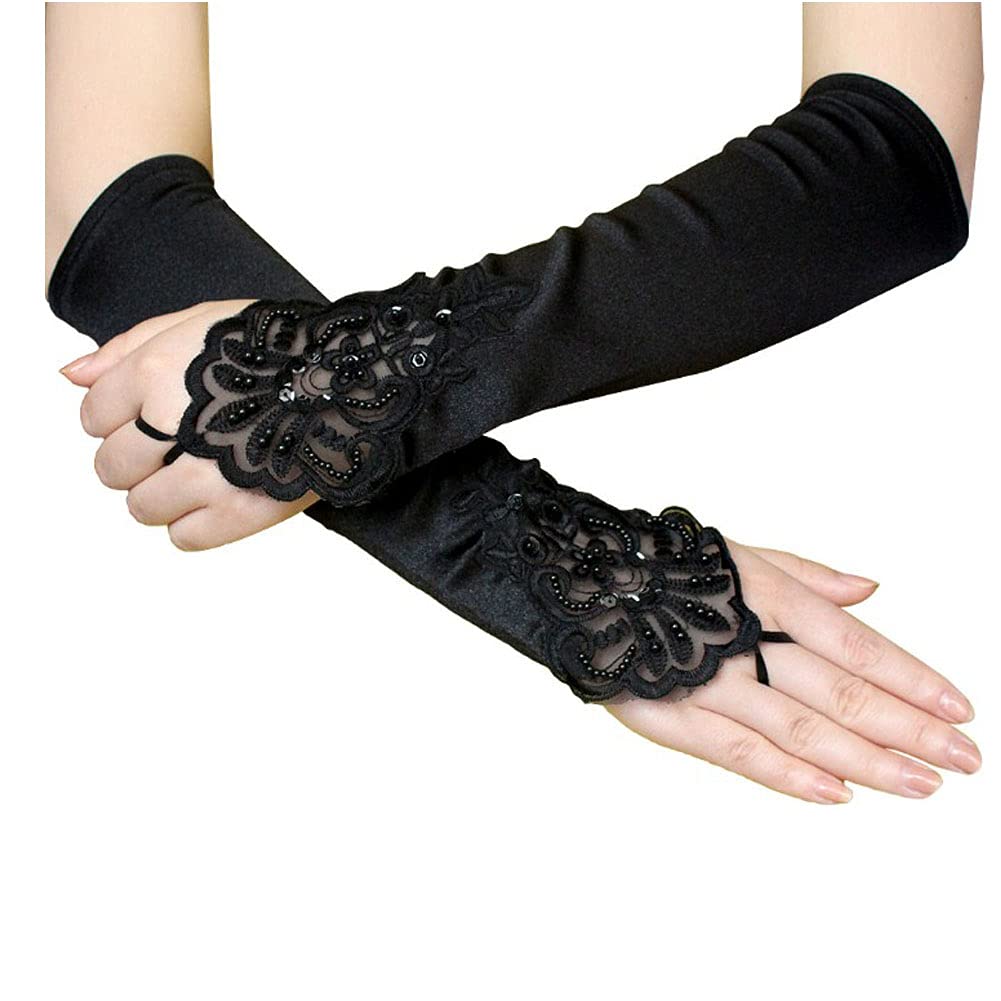 Camelliass Women's Black Opera Gloves Long Evening Gloves Finger-Less Satin Elbow Gloves Fancy Dress Gloves Wedding Bridal Prom Gloves 1920S Style For