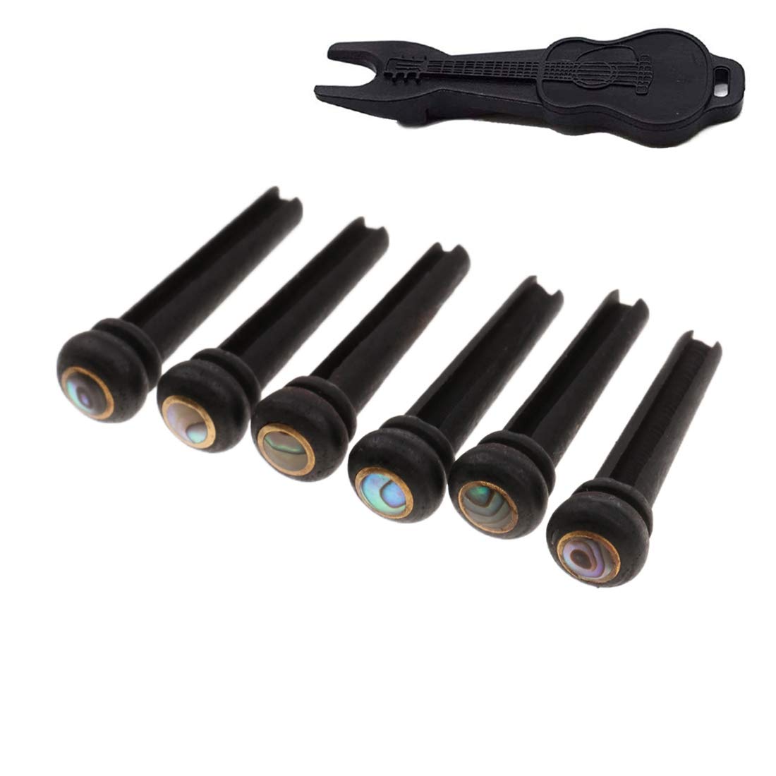 Alnicov Lot de 6 chevilles pour chevalet de guitare acoustique en ébène à rainures avec décoration en ormeau et extracteur de chevilles de chevalet