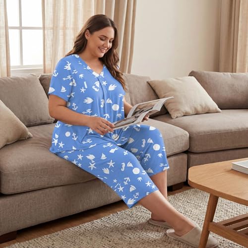 Image of Bestbee Women's Pajama Sets 2 Piece Lounge Outfits Summer Sleepwear V Neck Short Sleeve Capri Pant With Pockets Ladies Pjs