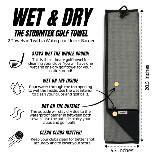 Golfbird Wet And Dry Stormtek Golf Towel | 2 In 1 Tri-Fold Microfiber Waffle Fabric Club Cleaner With Waterproof Inner Barrier & Heavy Duty Carabiner Clip | 16 X 21 Inches (Gray) #TOP1