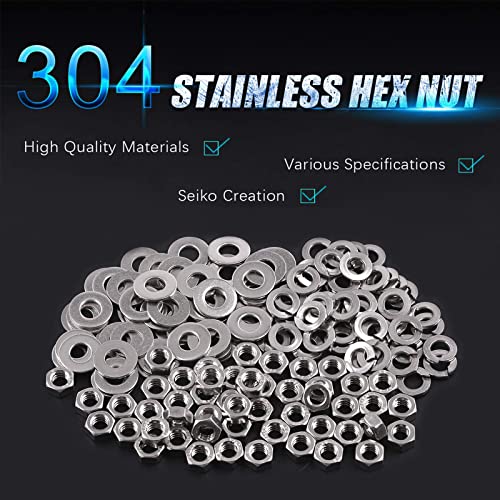 Swpeet 150Pcs SAE 304 Stainless Steel 1/4-20" Hex Nuts and #1/4 Flat Washers with #1/4 Split Lock Washers Assortment Kit - Image 3