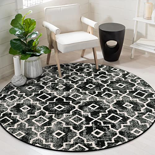 Wonnitar Moroccan Washable Round Area Rug 4Ft - Black And White Entry Round Rug Ditressed Small Bedroom Circle Mat Modern Geometric Trellis Dorm Carpet For Bath Kitchen Bedside #TOP3
