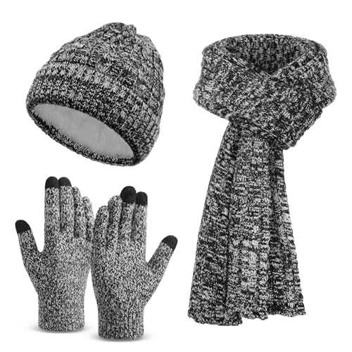 Winter Clothes Set with Beanie Hat Touchscreen Gloves Long Neck Scarf, Valentines Day Gifts for Her Adult Women Wife - BLACK