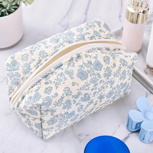 Image of Floral Quilted Makeup Bag - Cosmetic and Skincare Product Pouch, Fashionable Travel Puffy Coquette Makeup Bag, Small Cute Attractive Blue