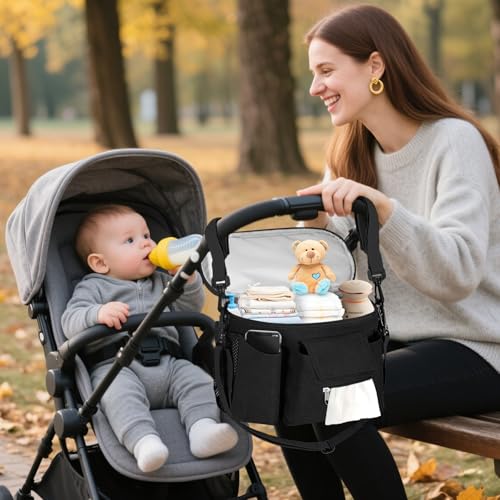 HOTUT Kinderwagen Organizer, Universal Kinderwagentasche mit Isolierte Getränkehalter,Wasserdichte Kinderwagen Tasche, Verstellbarer Schultergurt,Windeltasche mit großer Kapazität für Handys(Schwarz)