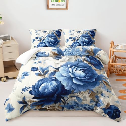 Image of AILONEN Blue and White Floral Comforter Full Size with 2 Pillowcases,Elegant Peony Bedding Set 3Pcs for Women Girls,Romantic Flowers Print Quilt Set for Home Decor