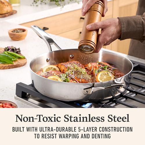 Image of Calphalon Premier Polished 5-Ply Stainless Steel Cookware Set w /Turbo Heat Tech 8 Piece Includes Frying Pans, Pots and Pans Set, Induction, Oven Safe 500F, PFOA Free, Polished Stainless Silver