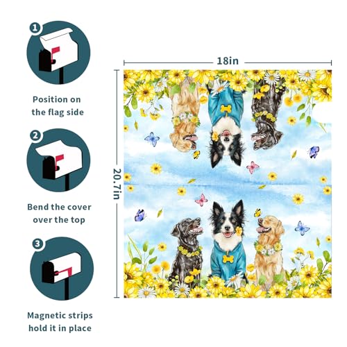 Image of Welcome Sunflowers Mailbox Cover Magnetic Standard Size 21''x18'' Spring Summer Floral Mail Box Covers Cute Dogs Post Letter Box Cover Farmhouse Decorative Mailbox Wrap for Home Garden Yard Decor