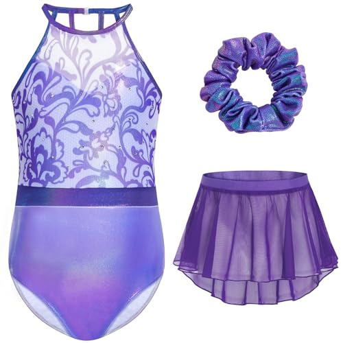 Gogokids 3 Pcs Ballet Leotards for Girls, Halter Gymnastics Leotard with Rhinestone and Removable Skirt Combo Purple