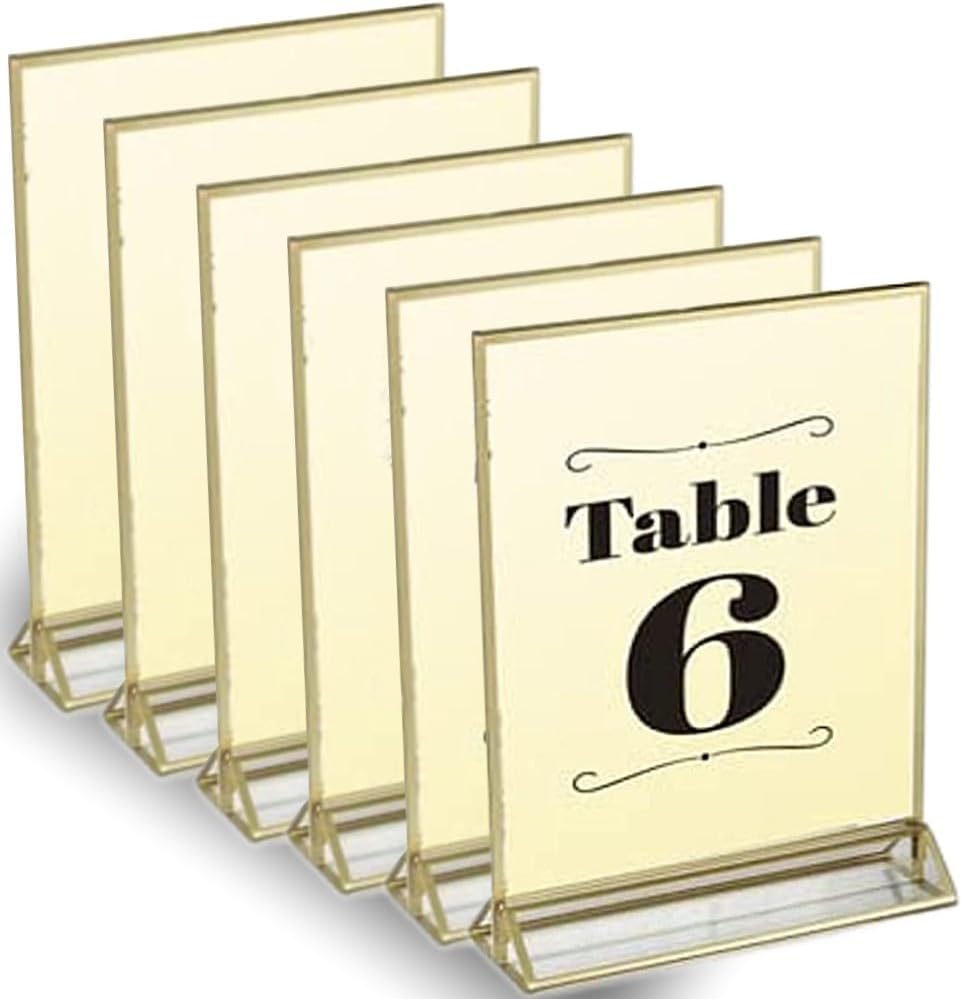 Super Star Quality Clear Acrylic 2 Sided Frames with 3MM Gold Borders and Vertical Stand (4x6 6 pack) | Ideal for Wedding Table Number, Double Sided Sign, Clear Photos, Menu Holders