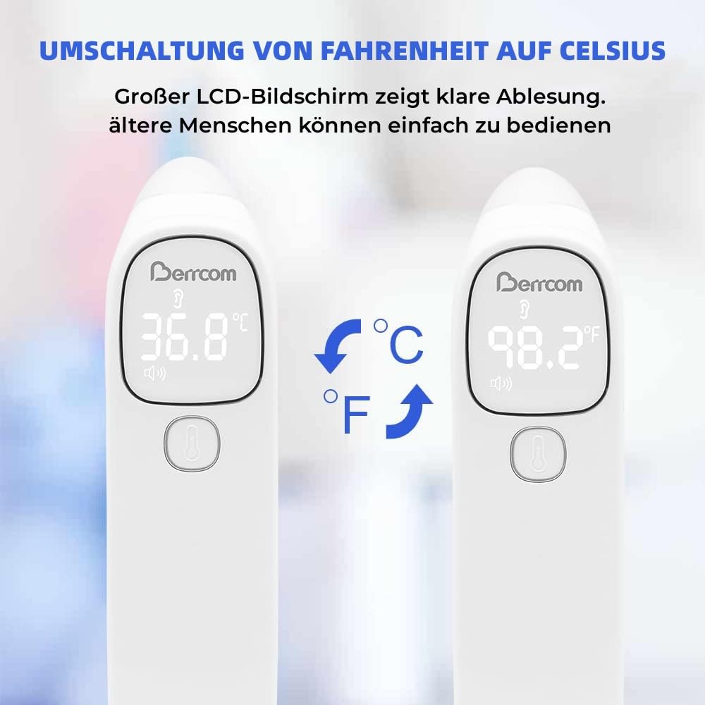 Berrcom Termómetro de fiebre sin contacto para frente y oído, termómetro digital médico por infrarrojos, termómetro de frente para bebé, adulto con alarma de fiebre, lectura instantánea