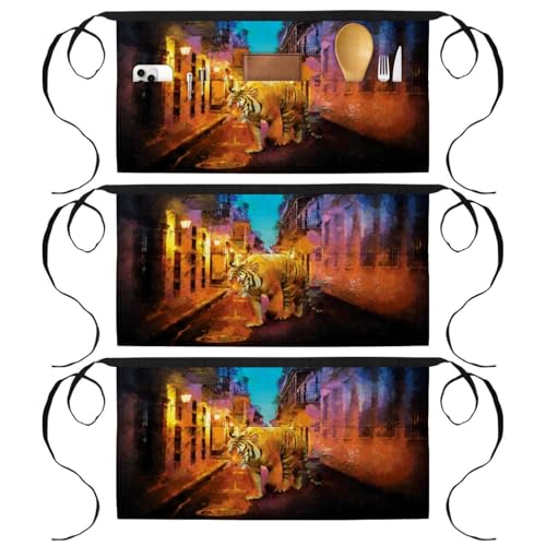 Tablier court de chef tigre lot de 3 demi-tabliers de cuisine bistrot bar avec 3 poches