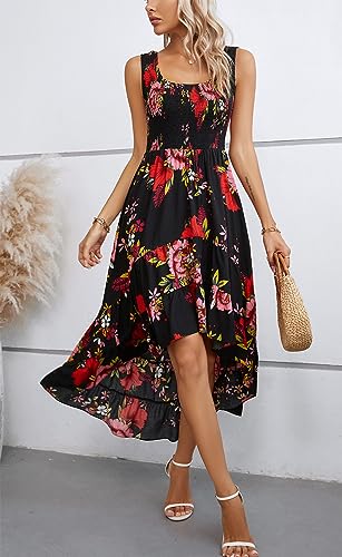 Image of Kormei Women's Casual Smocked Tank Dress Sleeveless High Low Flowy Summer Beach Tiered Loose Maxi Long Dresses XL Black /Red