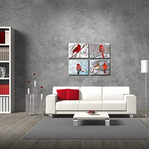 Sechars - 4 Piece Modern Canvas Painting Wall Art Birds Red Cardinal On Snowy Branch Pictures Print For Living Room Decor Winter Landscape Poster Christmas Gift Gallery Wrap Ready To Hang #TOP2