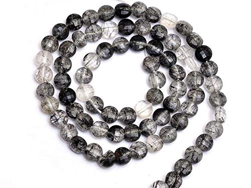 Naturalny czarny kwarc rutylowy 4 mm fasetowane bryolety na monety ~ czarne rutylowe koraliki półszlachetne do biżuterii ~ opakowanie sznurkowe 30 cm z 5 sztukami, ma?y, materiał,