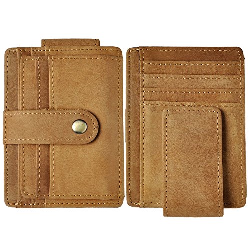 Le'aokuu Mens Genuine Leather Cowhide Magnet Money Clip Credit Case Case Holder Slim Wallet W1025 (W1025 A Light Brown)