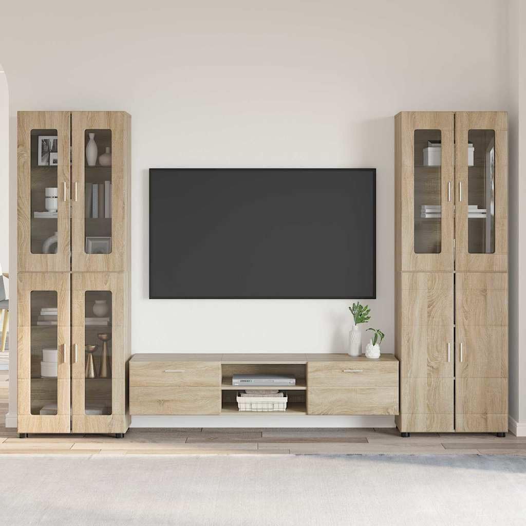 Set di mobili per TV Florin, 3 pezzi, in legno di rovere Sonoma, con ripiano alto e ripiano, moderno set di mobili per soggiorno con molto spazio e cassetti per una conservazione elegante