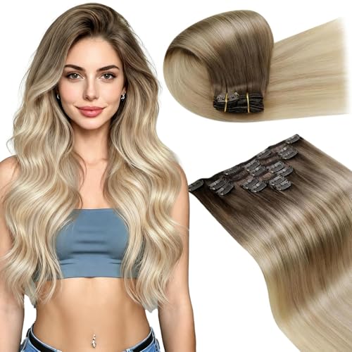 Image of LaaVoo Hair Extensions Clip ins,Flexible Structure for Daily Use | Light Brown Ombre Ash Blonde Mix Platinum Blonde Balayage, 20 Inch 120g 7Pcs, Glueless Design